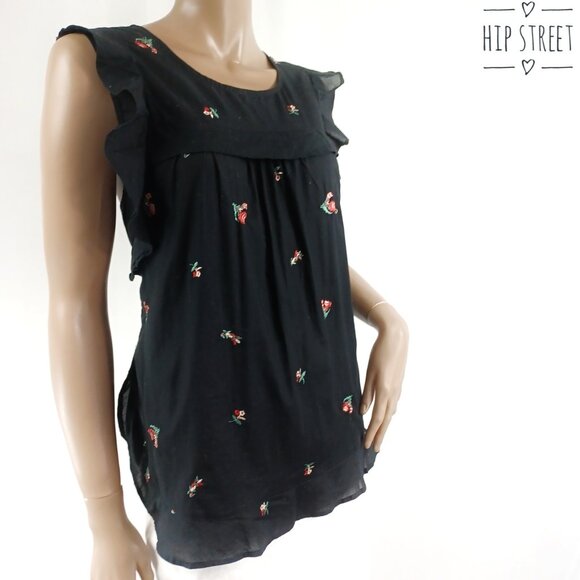 LC Lauren Conrad Tops - LAUREN CONRAD Sleeveless Embroidered Floral Cotton Ruffled Yoke & Arms Blouse XL